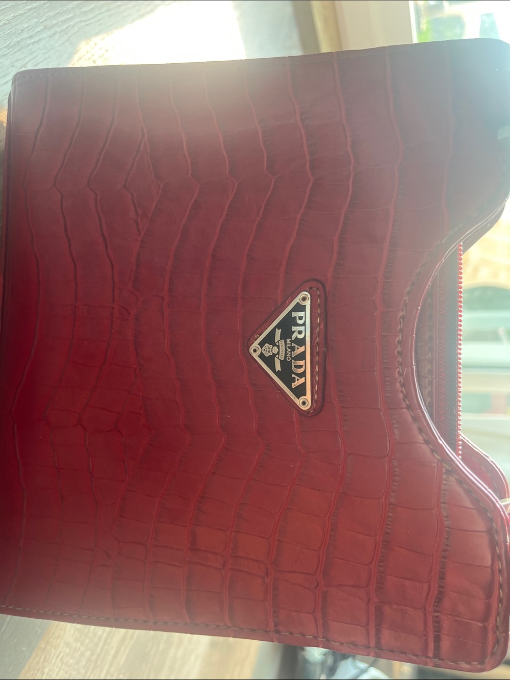 Prada Red Croc-Embossed Shoulder Bag with Triangle Logo - Picture 3 of 7